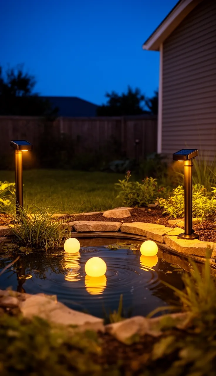 Solar orb lights floating on a garden pond surface