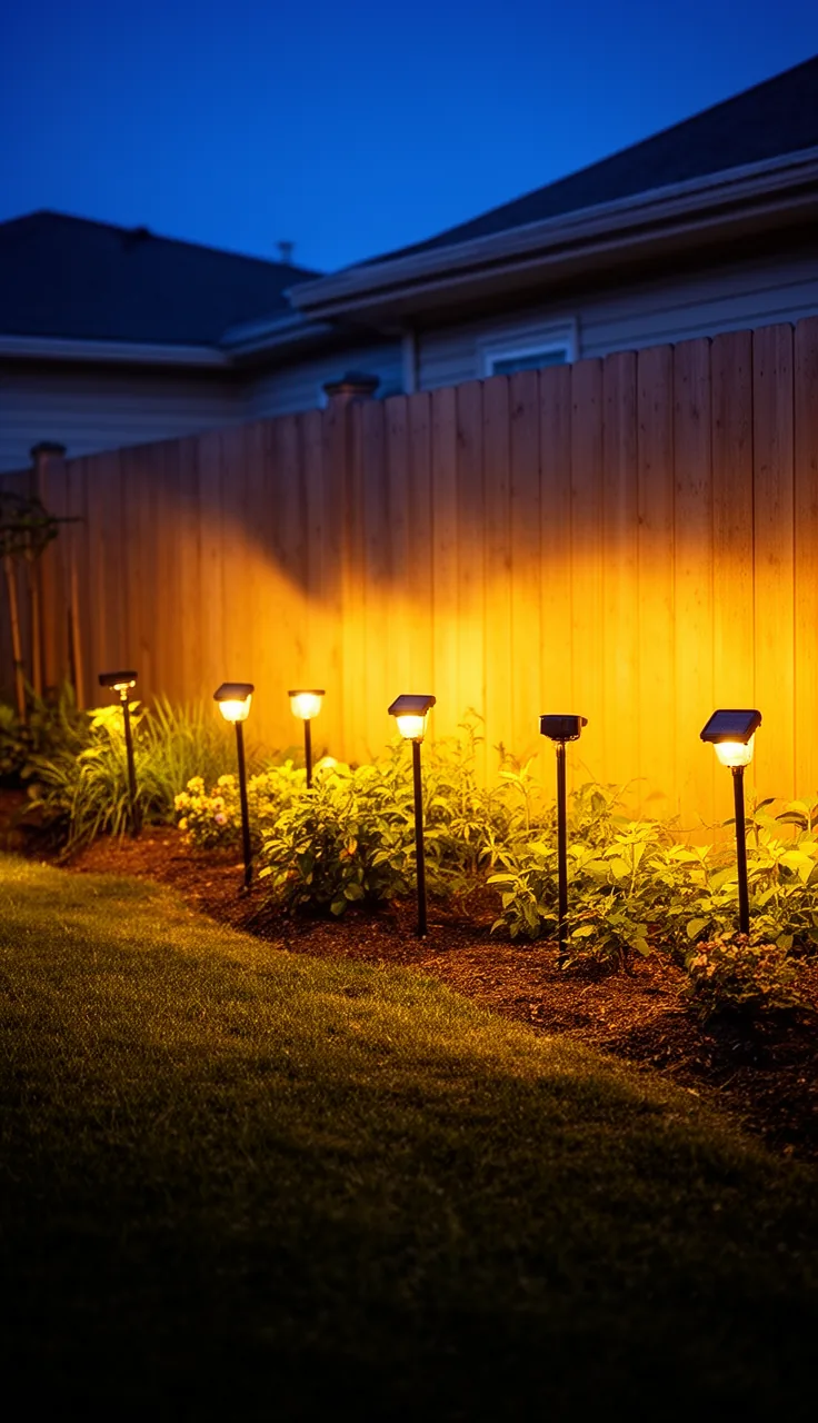 Solar wash lights grazing a garden fence with soft light