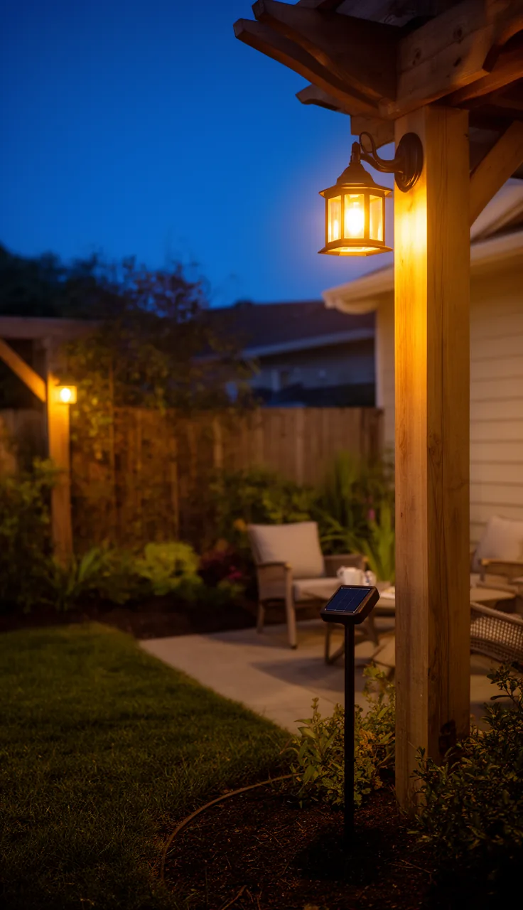 Solar sconces mounted on pergola posts framing a seating area