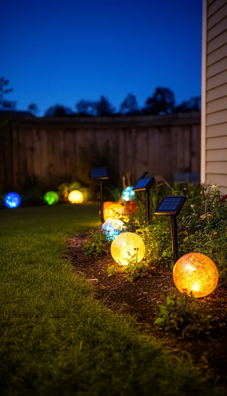 Color-changing solar orb lights resting on a garden lawn