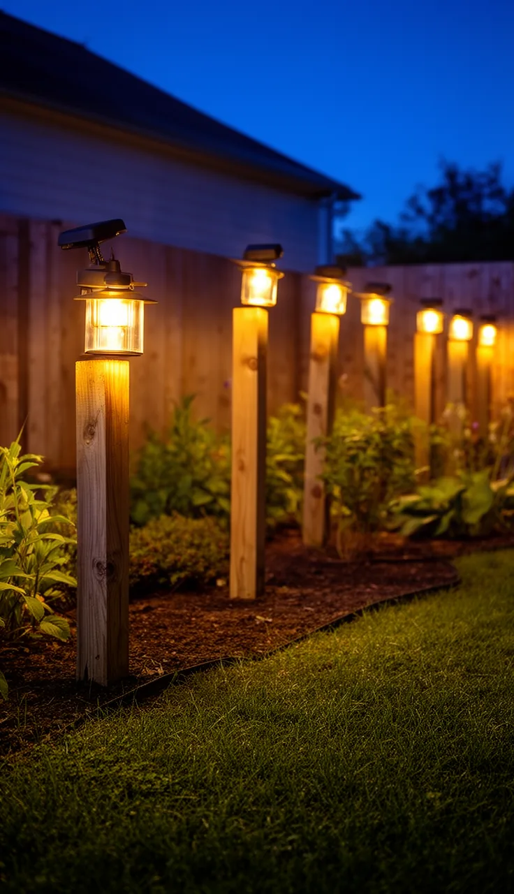 Solar post-cap lights glowing along a garden fence