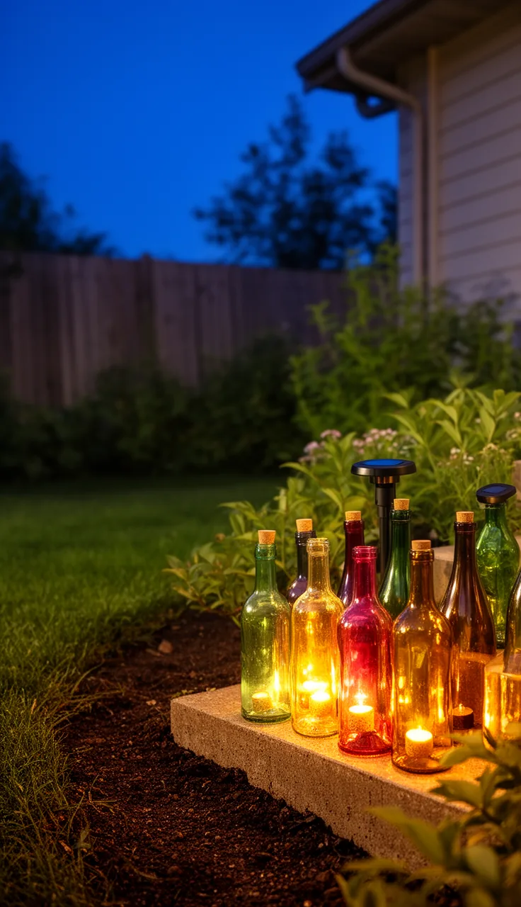Solar cork lights glowing in upcycled bottles on garden steps