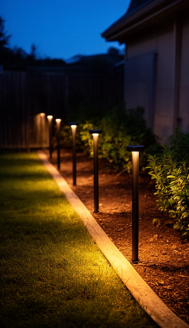 Solar bollard lights lining a driveway edge at dusk