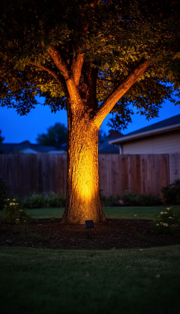 A solar uplight washing a backyard tree with warm light
