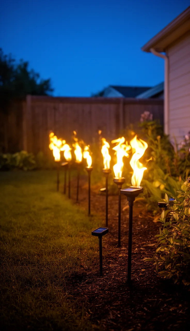 Solar flame torch lights flickering along a garden border