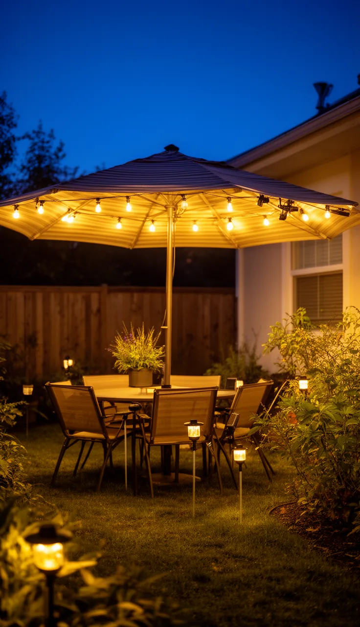 Solar lights ringing a patio umbrella over a dining table