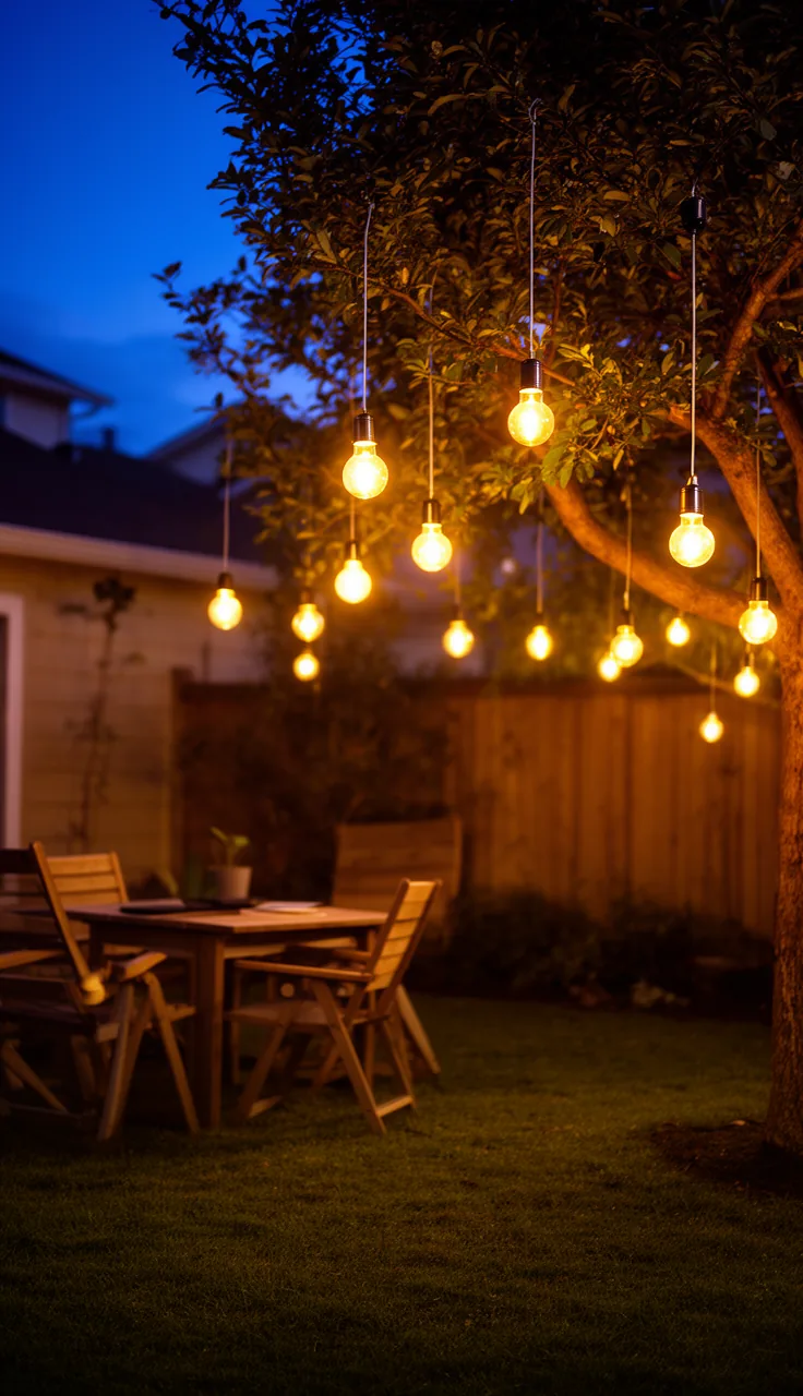Solar globe lights hanging from tree branches over a table