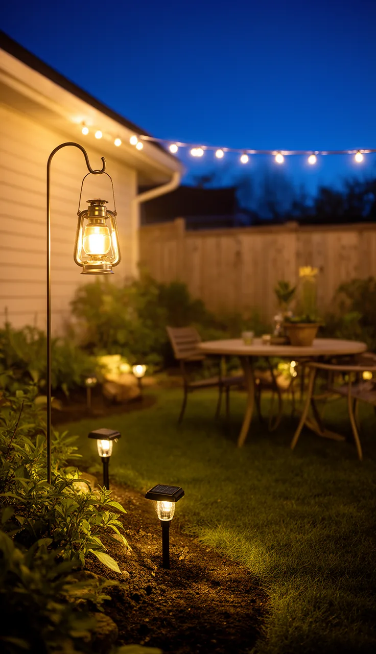 A layered solar-lit backyard with path, lantern, and string lights