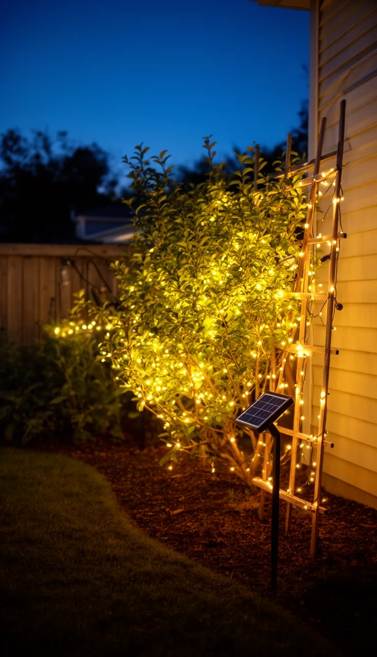 Solar fairy lights woven through garden shrubs at dusk
