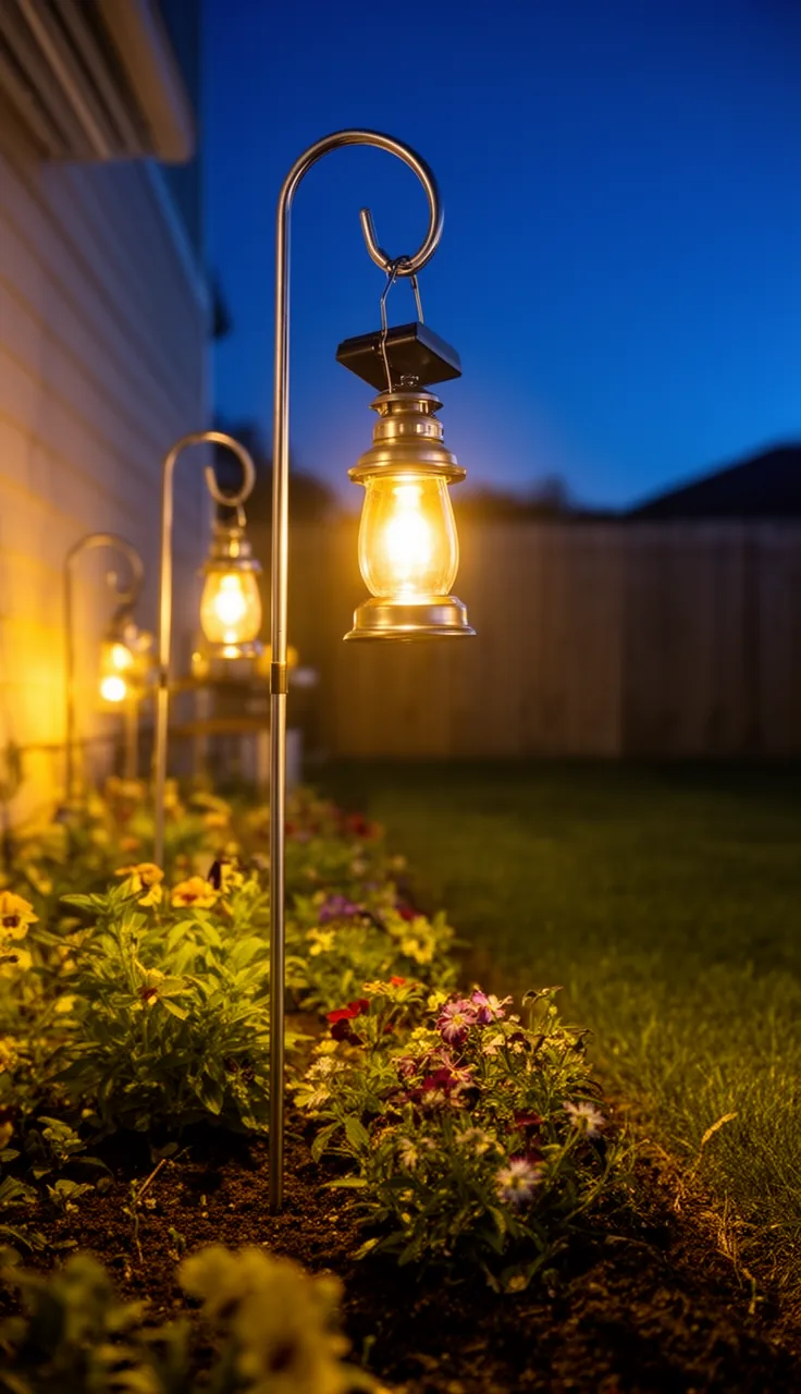 Solar lanterns hanging from shepherd's hooks along a garden border