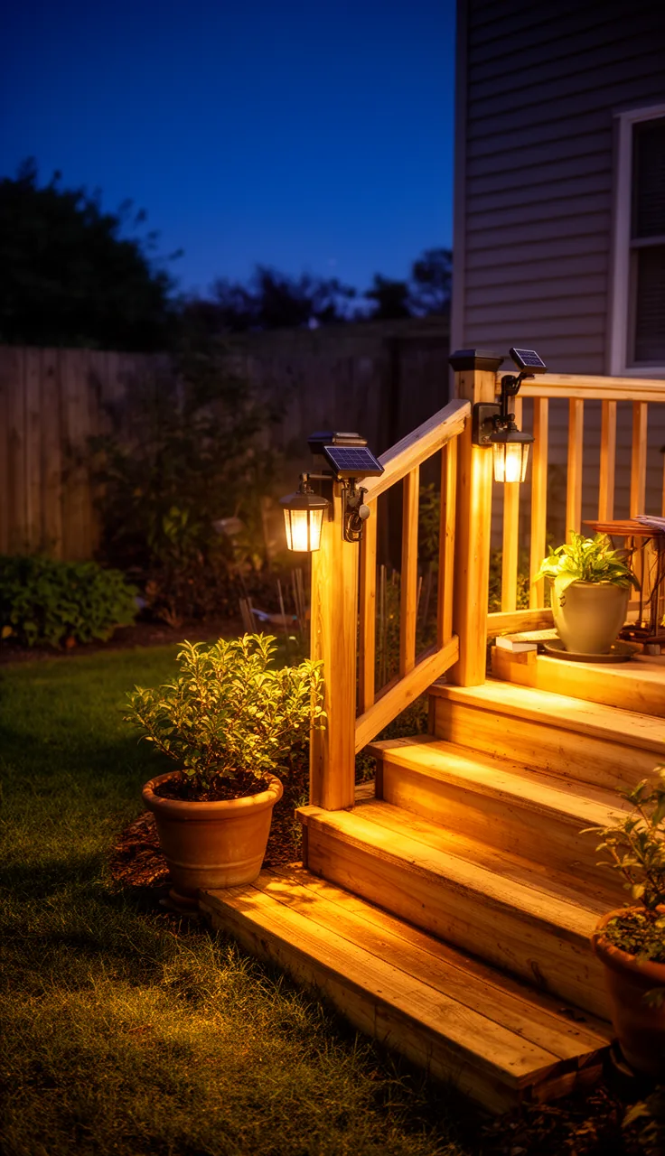 Rail-mounted solar deck lights glowing softly at dusk