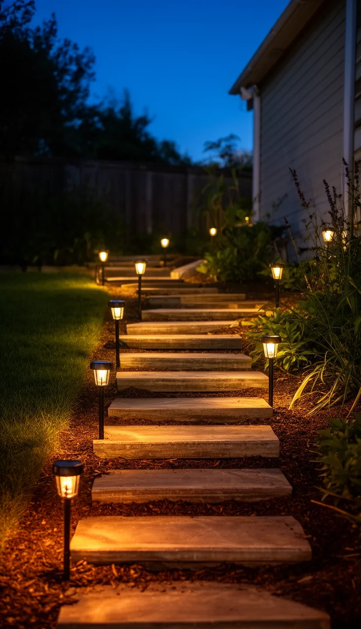 Solar riser lights defining garden steps at dusk