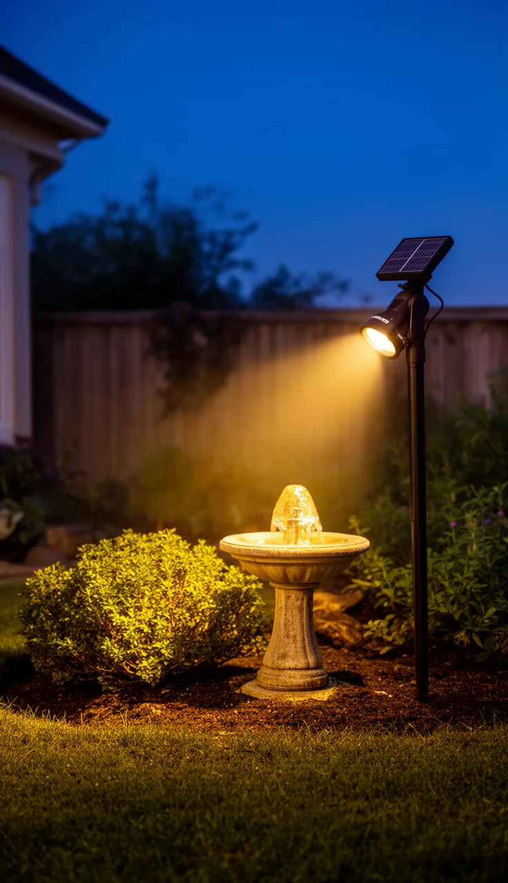 A solar spotlight highlighting a garden fountain at night