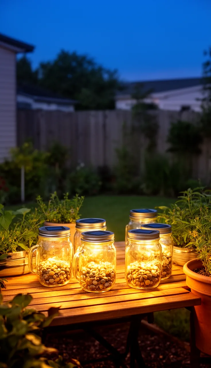 Solar mason jar lanterns glowing on a patio table