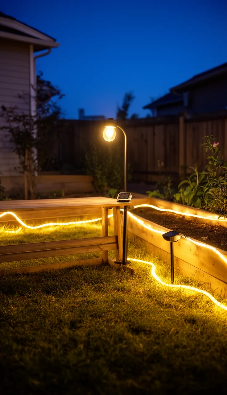 Solar rope lights tracing a raised garden bed edge