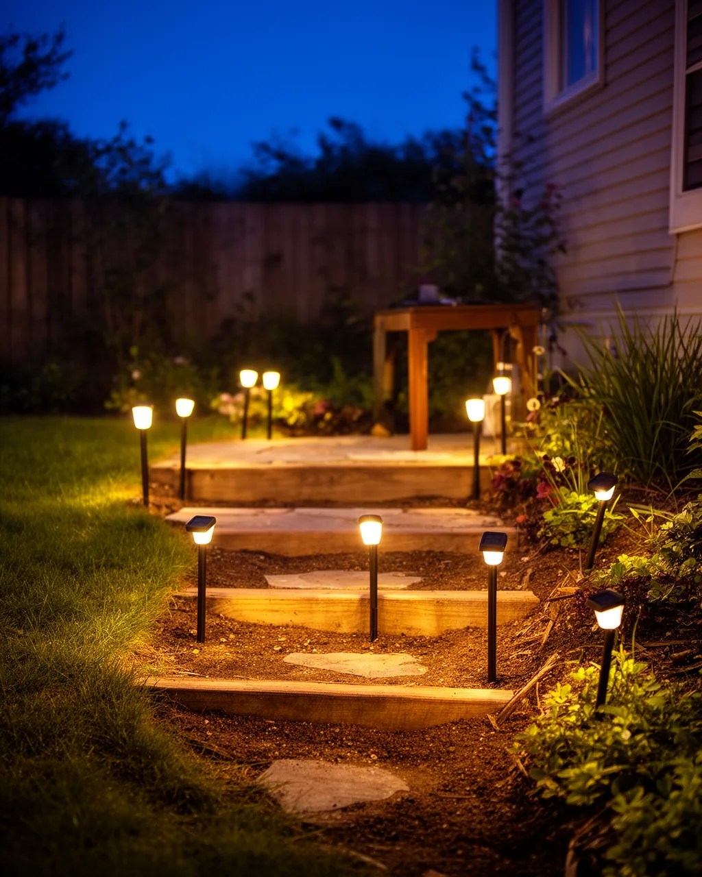 Lit garden steps