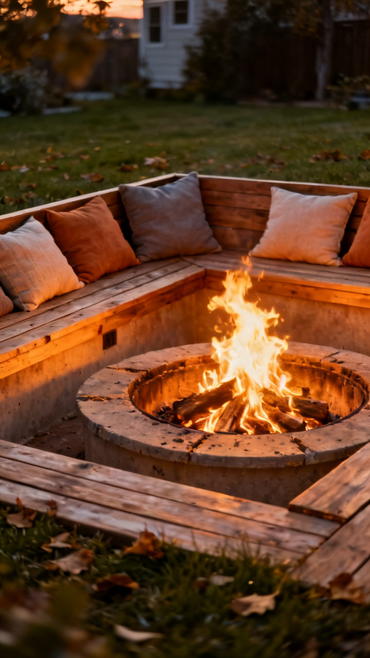 Sunken fire pit with built-in bench seating and cushions around glowing flames