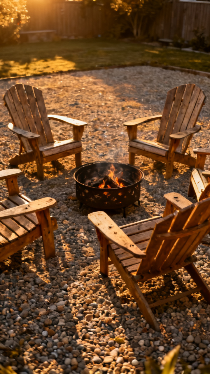 Adirondack chairs arranged in a circle around a backyard fire pit