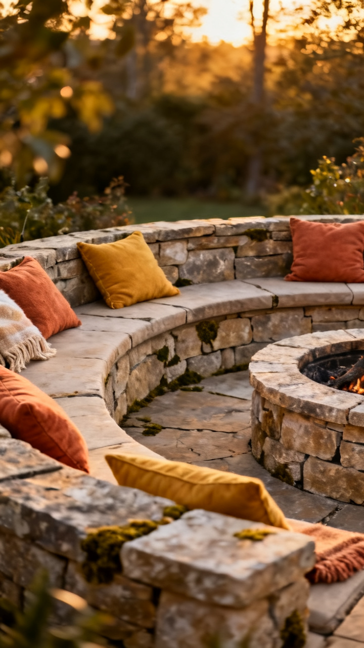 Low curved seat wall wrapping a stone fire pit with throw cushions