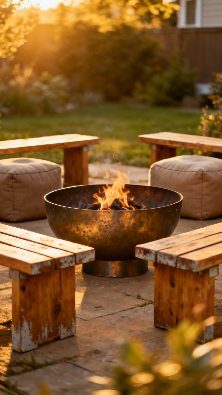 Wooden benches and poufs around a modern fire bowl at golden hour