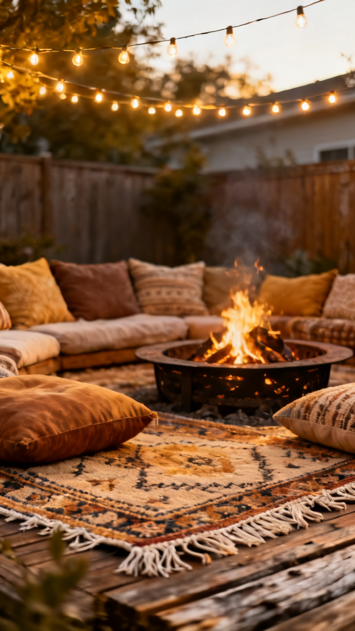 Cozy fire pit lounge with a layered outdoor rug and floor cushions