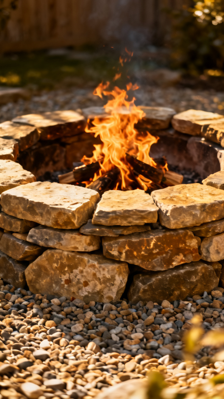 Rustic stacked fieldstone fire pit ring with campfire flames