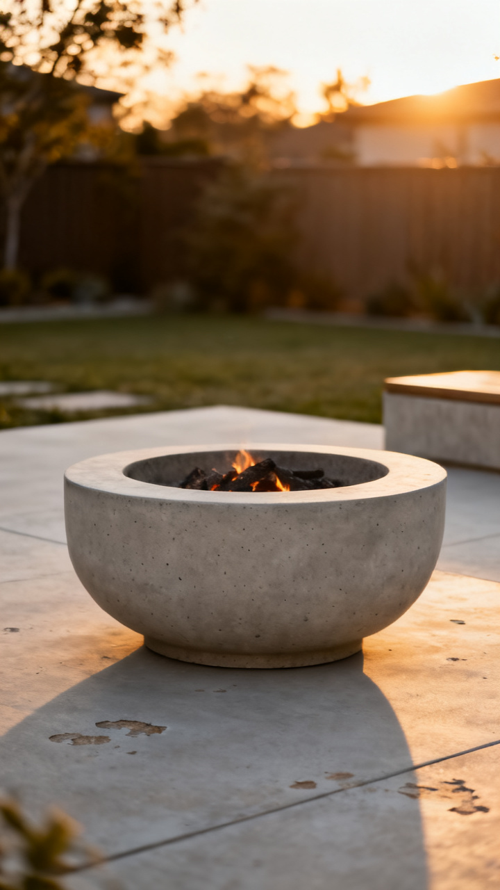 Sleek round concrete fire bowl on a minimalist patio
