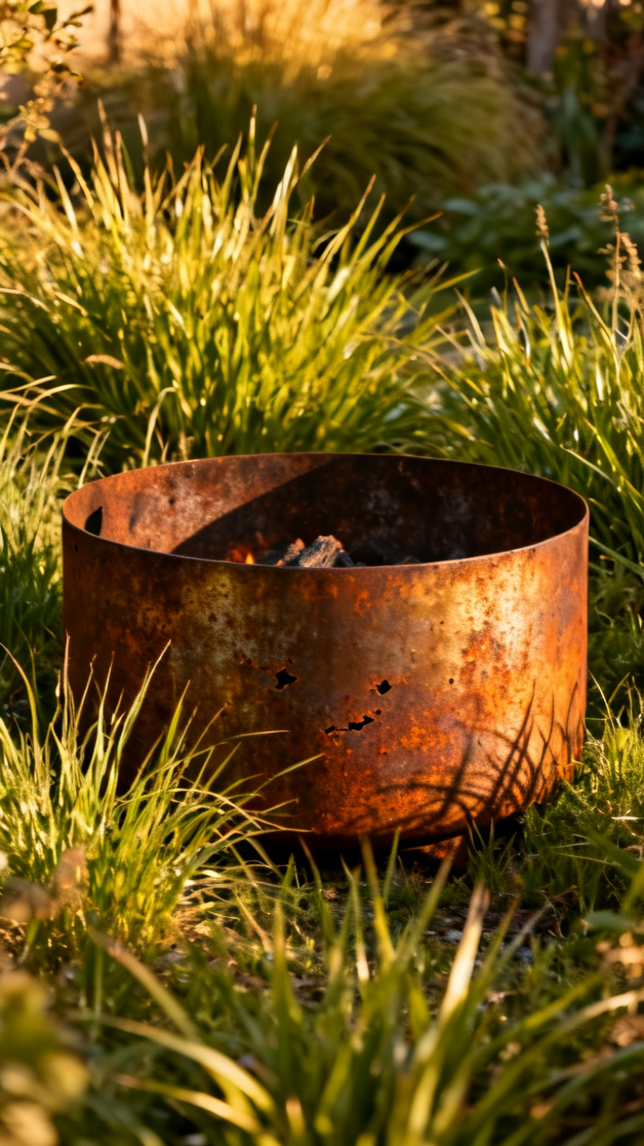 Corten weathering steel fire pit with rusty bronze patina among grasses