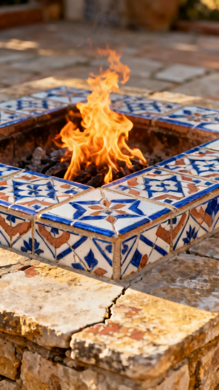 Handmade tiled gas fire feature with a Mediterranean pattern