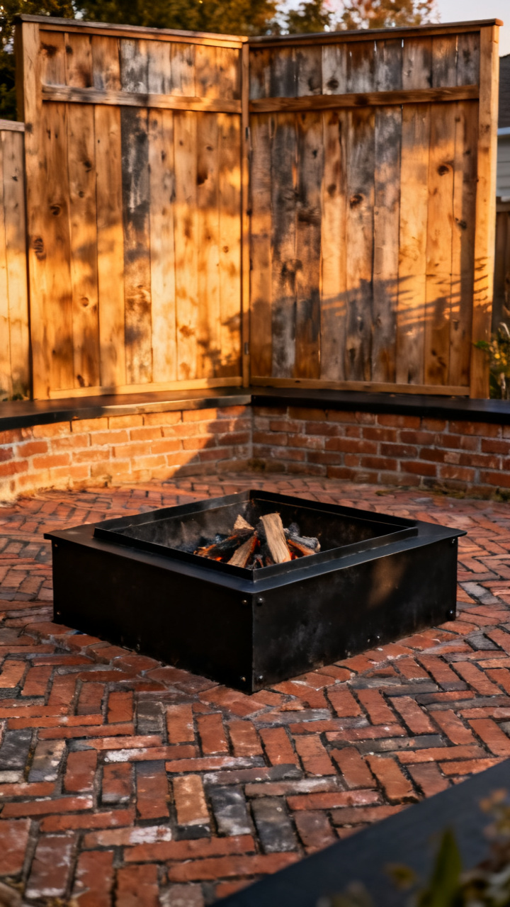 Mixed-material fire pit area with herringbone brick and black steel