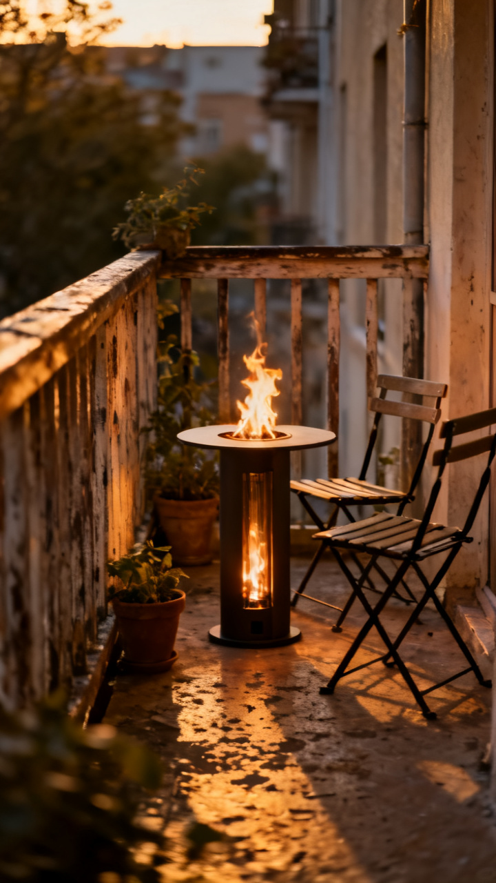 Compact tabletop fire column on a small balcony with folding chairs