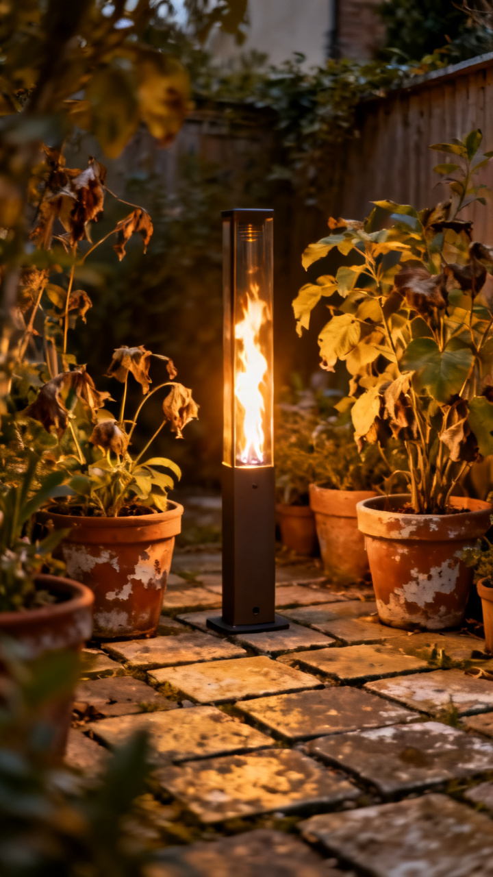 Slim gas fire column on a tiny patio with potted plants