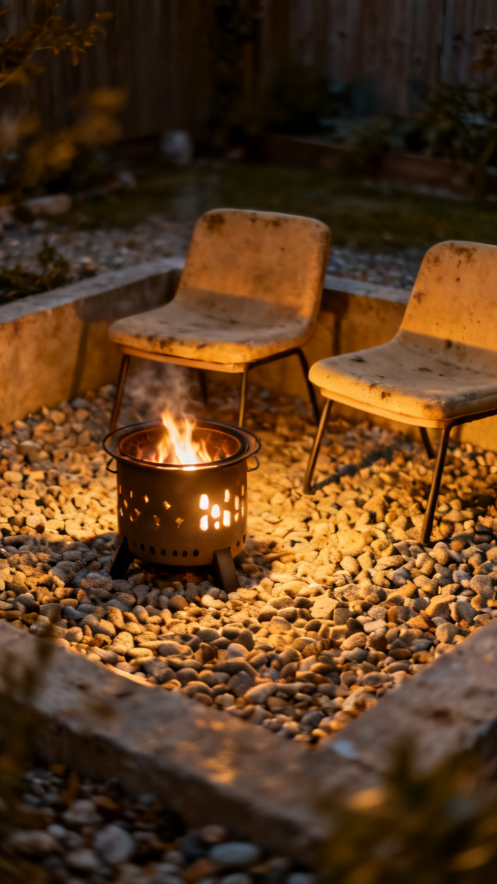 Small portable smokeless fire pit in a gravel corner with low chairs