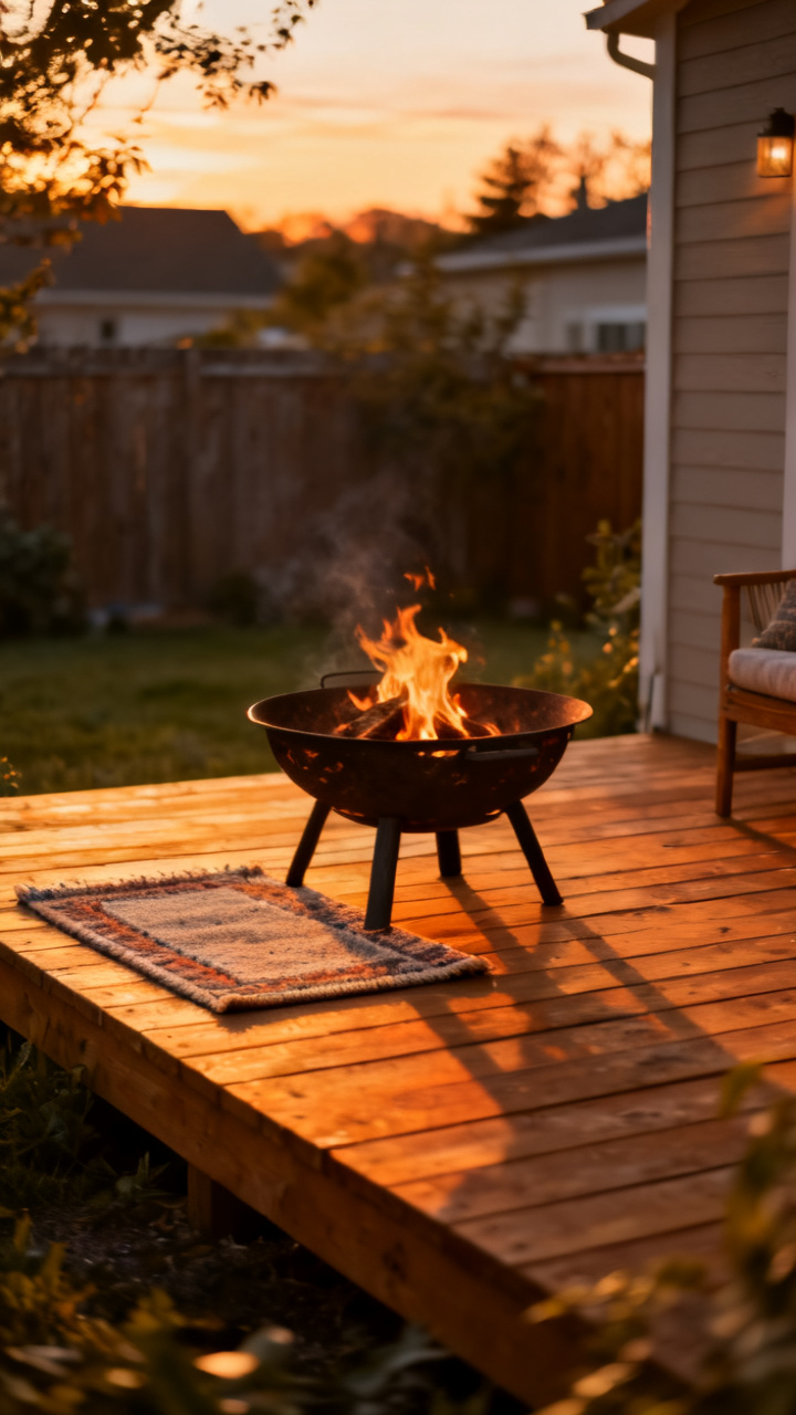 Petite fire bowl on a compact deck with a small outdoor rug