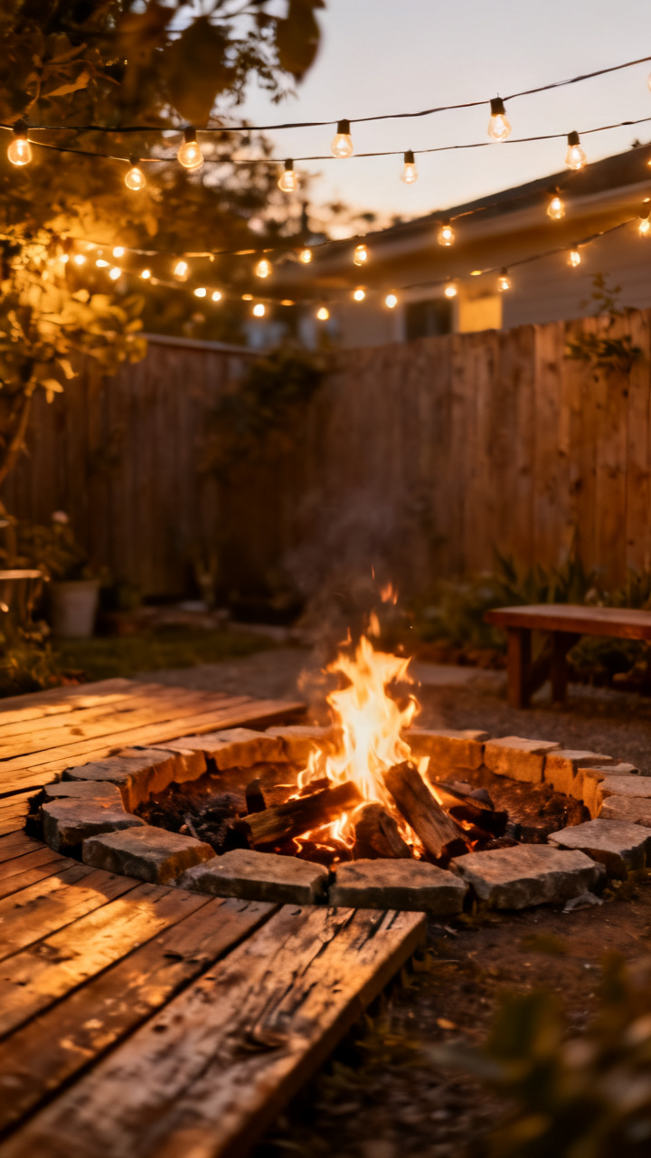 Cozy small courtyard fire pit with string lights overhead