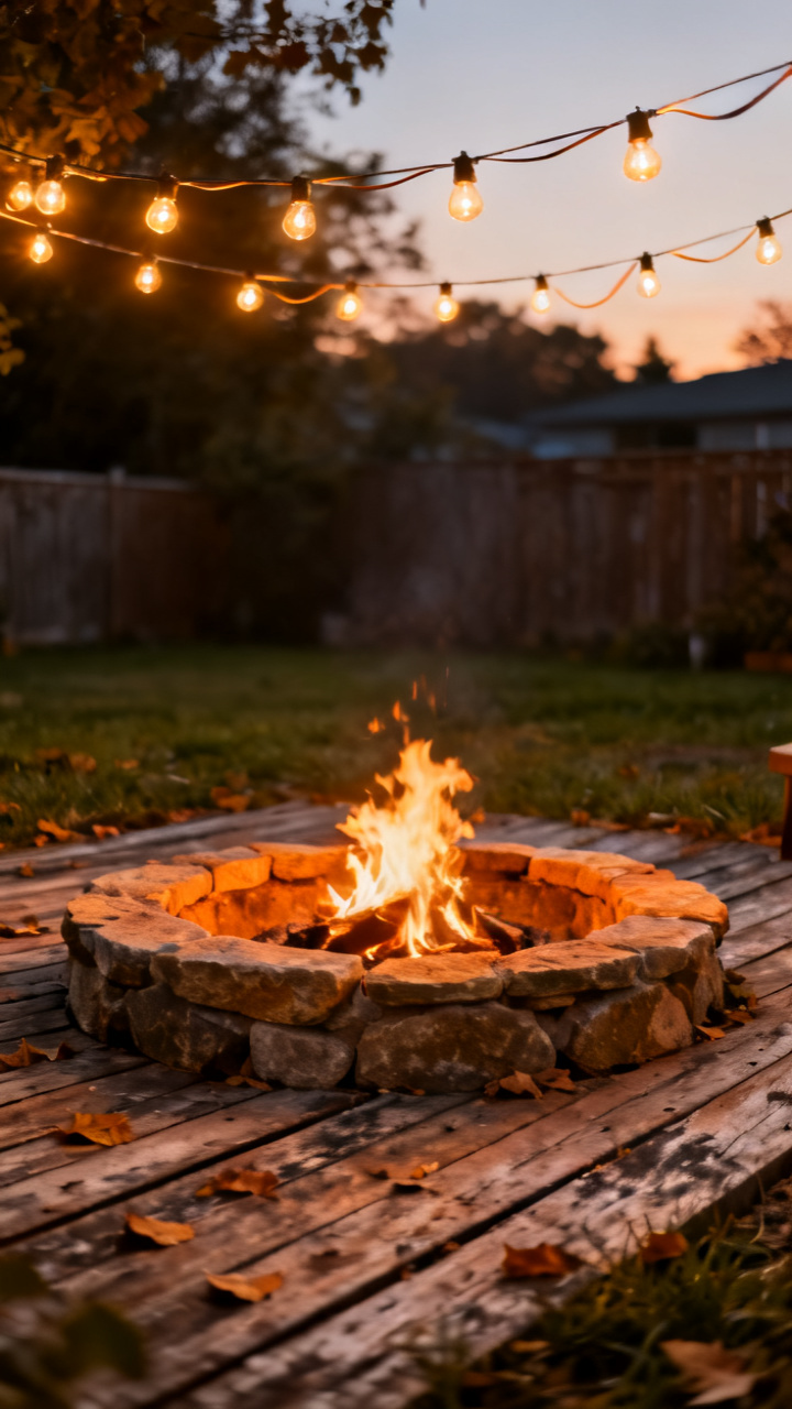 Backyard fire pit with warm bistro string lights hanging overhead at dusk