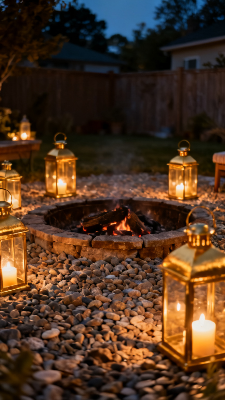 Lanterns arranged around a gravel fire pit with soft candle glow at night