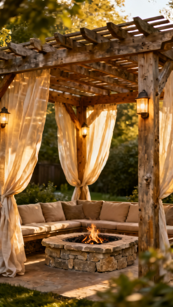 Pergola-framed fire pit lounge with sheer curtains and warm sconces