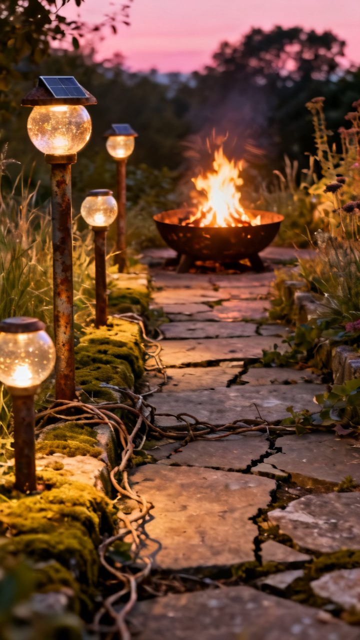 Solar path lights lining a walkway to a glowing fire pit at dusk