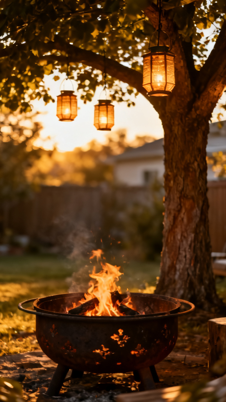 Fire pit with warm hanging lanterns from a shade tree at golden hour