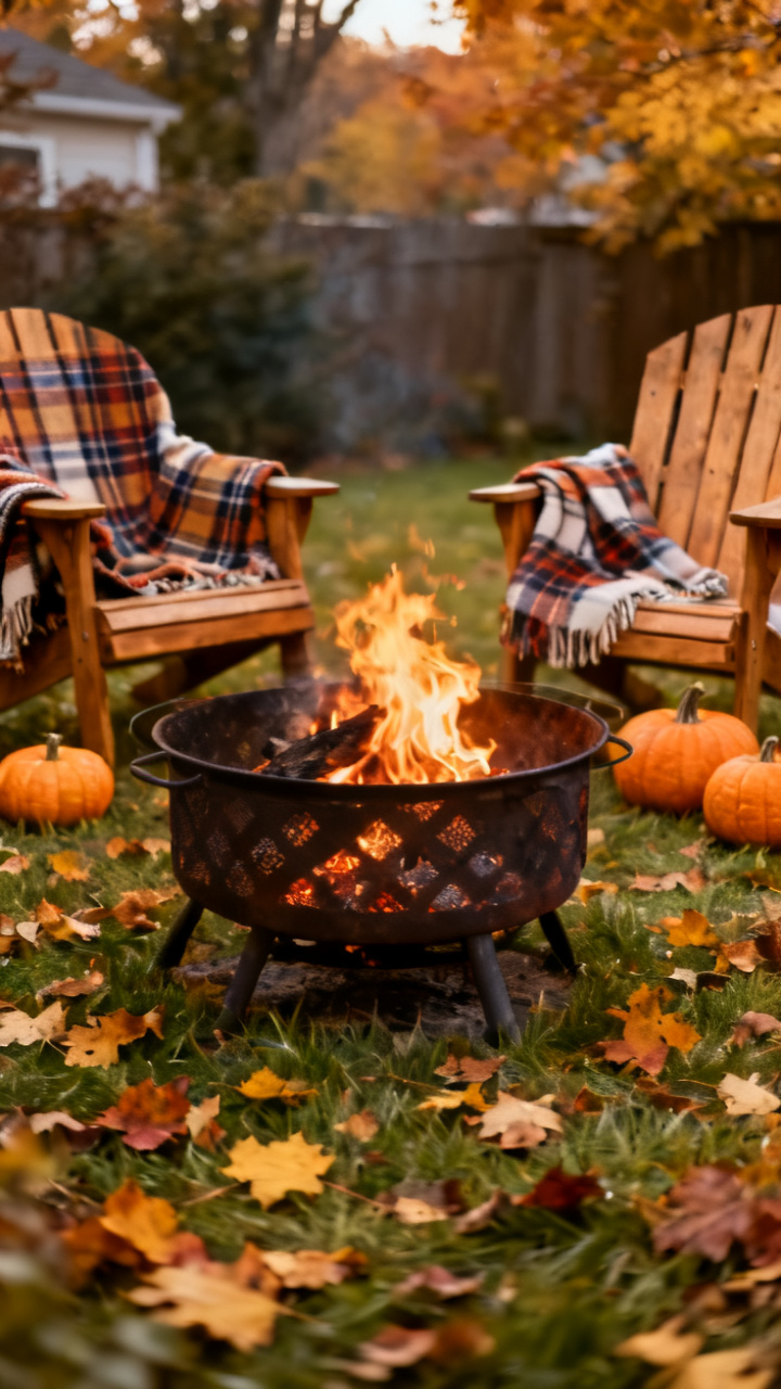 Cozy fall fire pit with plaid blankets over chairs and small pumpkins