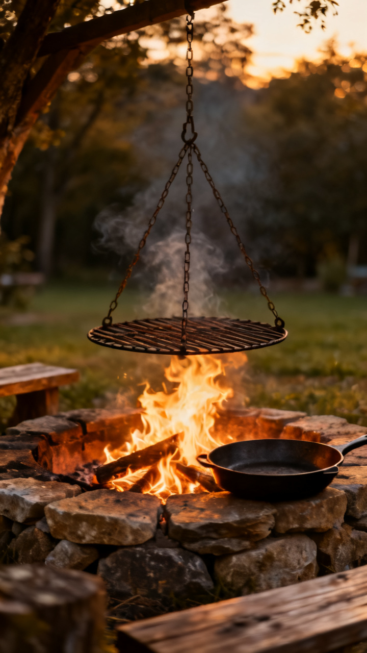 Fire pit with a swing grill grate over the flames and a cast iron pan