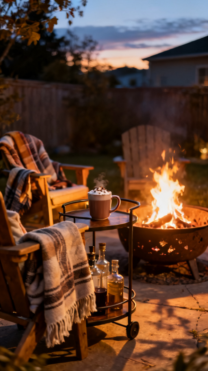 Bar cart with hot cocoa near a glowing fire pit with layered throws