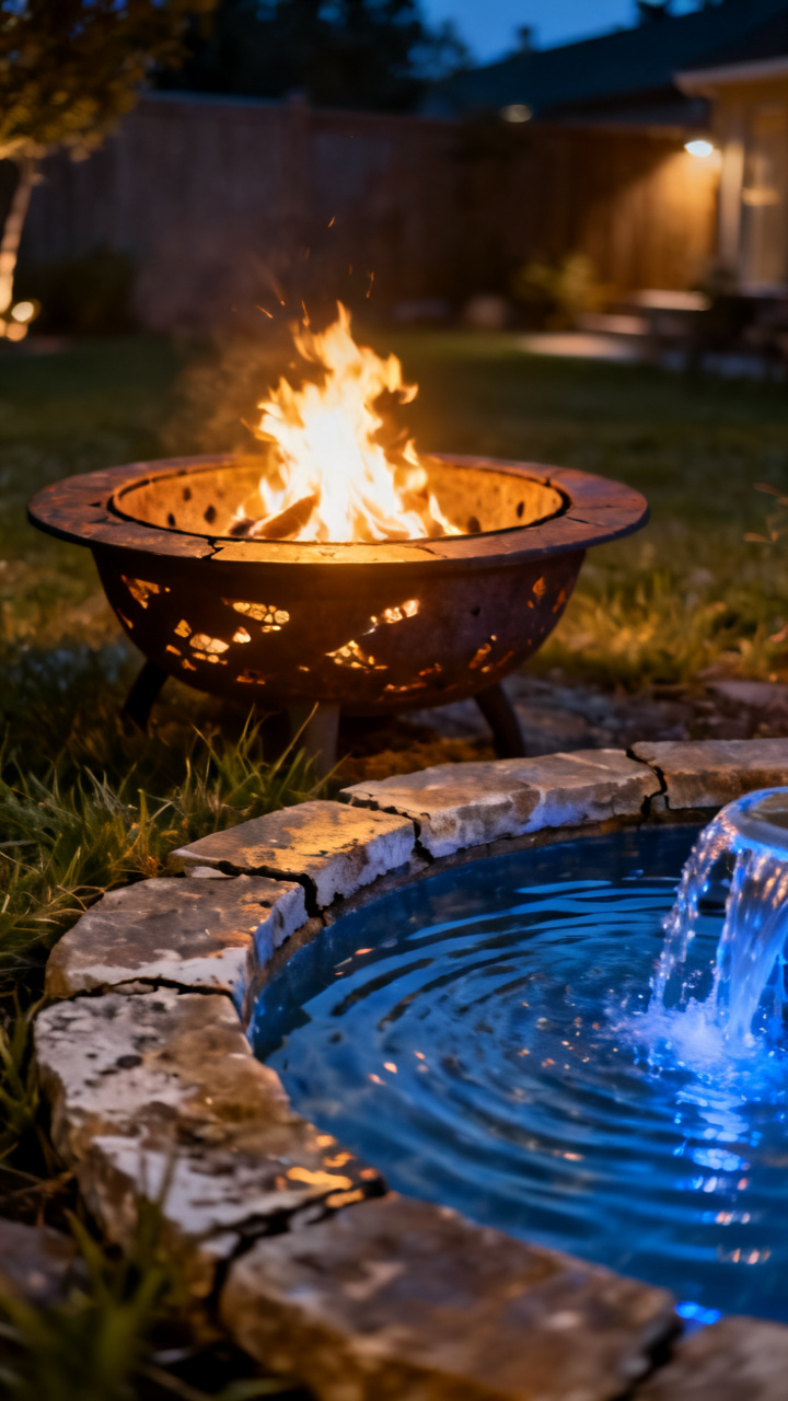 Fire pit and a bubbling water feature side by side at night