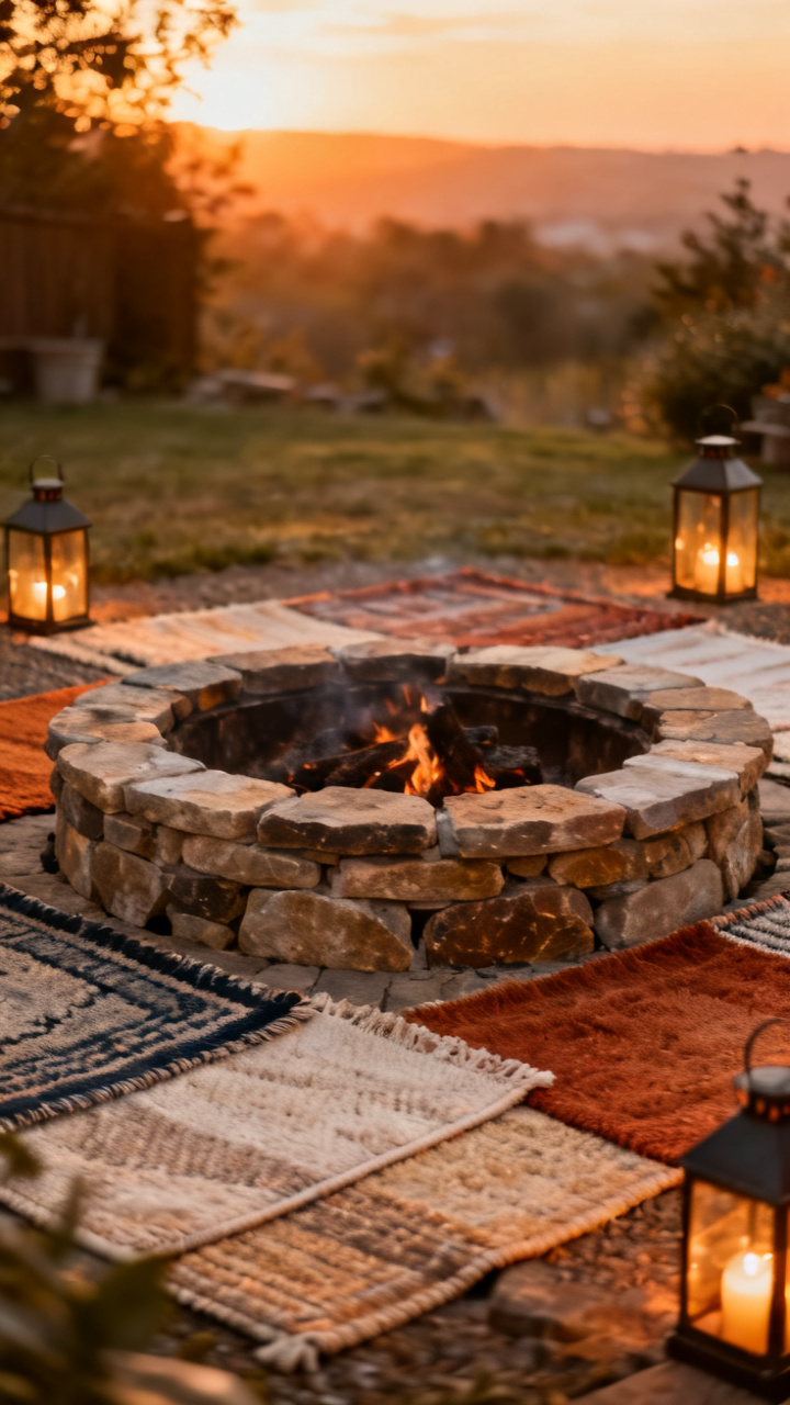 Flagstone fire pit circle with layered outdoor rugs and lanterns