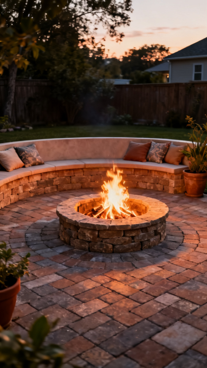 Paver Patio Fire Ring With A Built-In Bench Wall