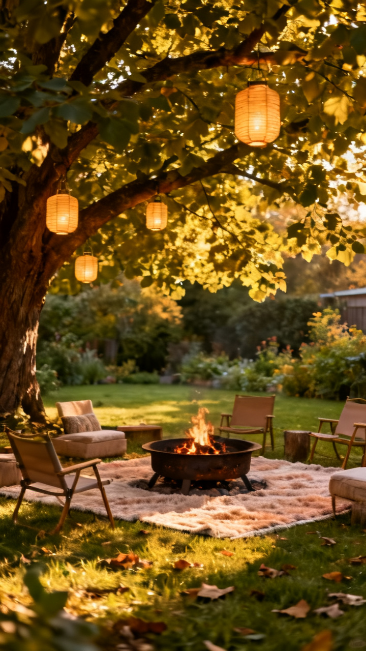 Fire Pit Under A Shade Tree With Hanging Lanterns