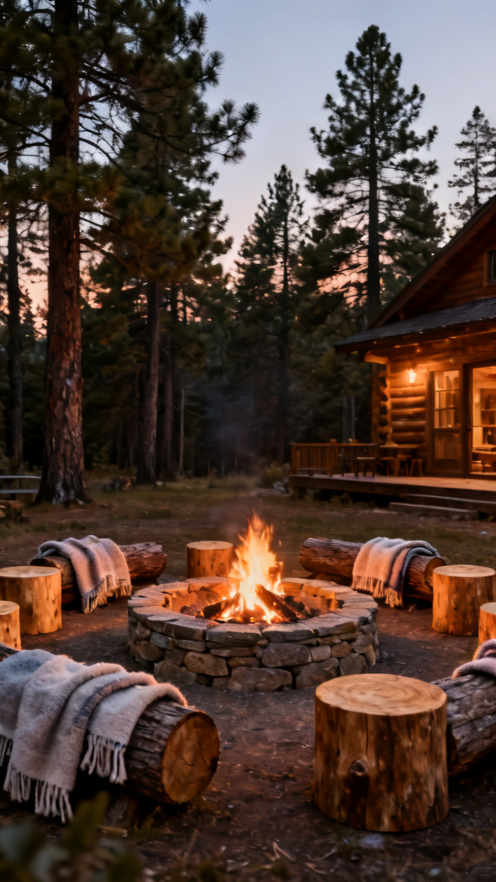 Cozy Cabin-Style Pit With Log Rounds As Stools