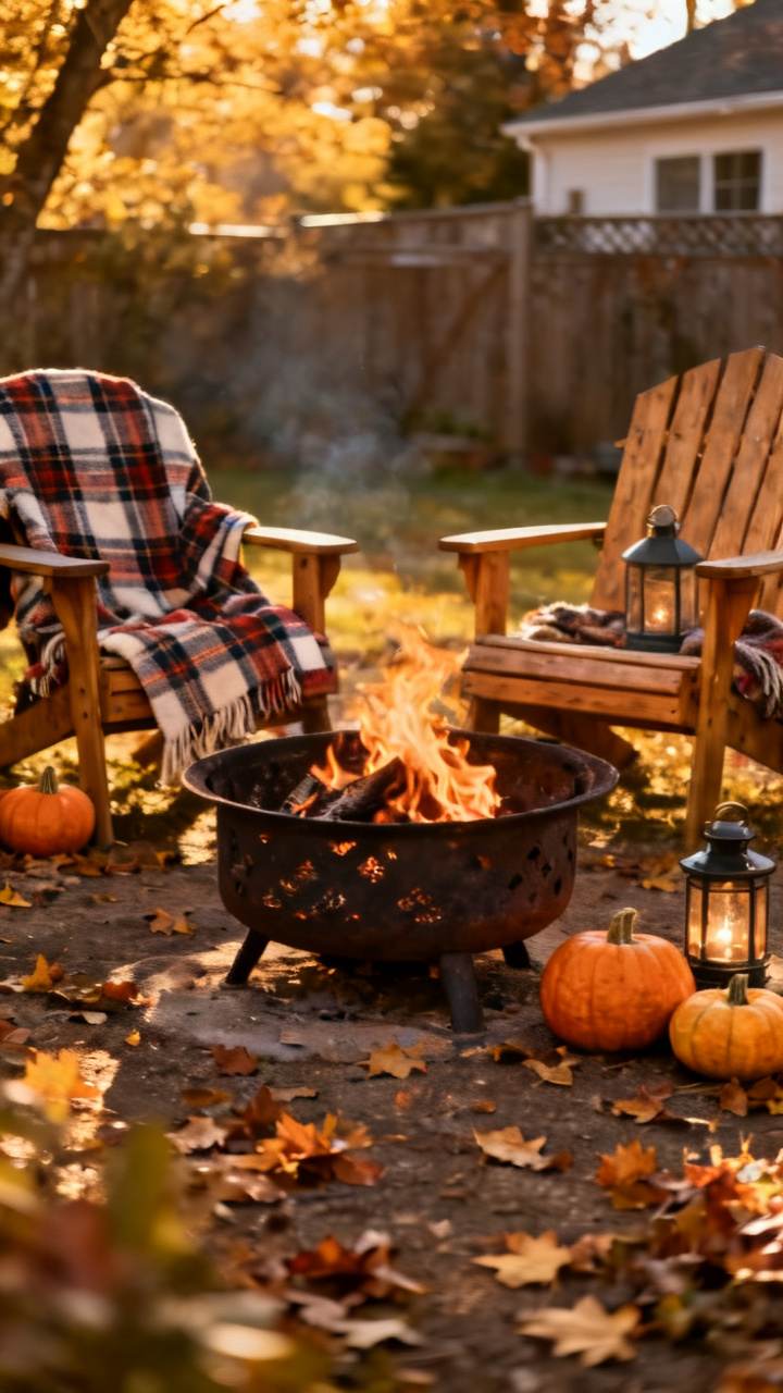 Fall-Ready Fire Pit With Plaid Throws And Pumpkins