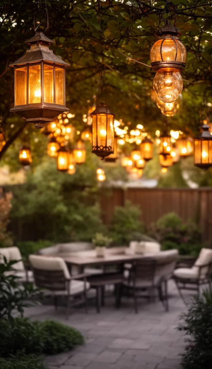 A canopy of hanging outdoor lanterns over a backyard patio